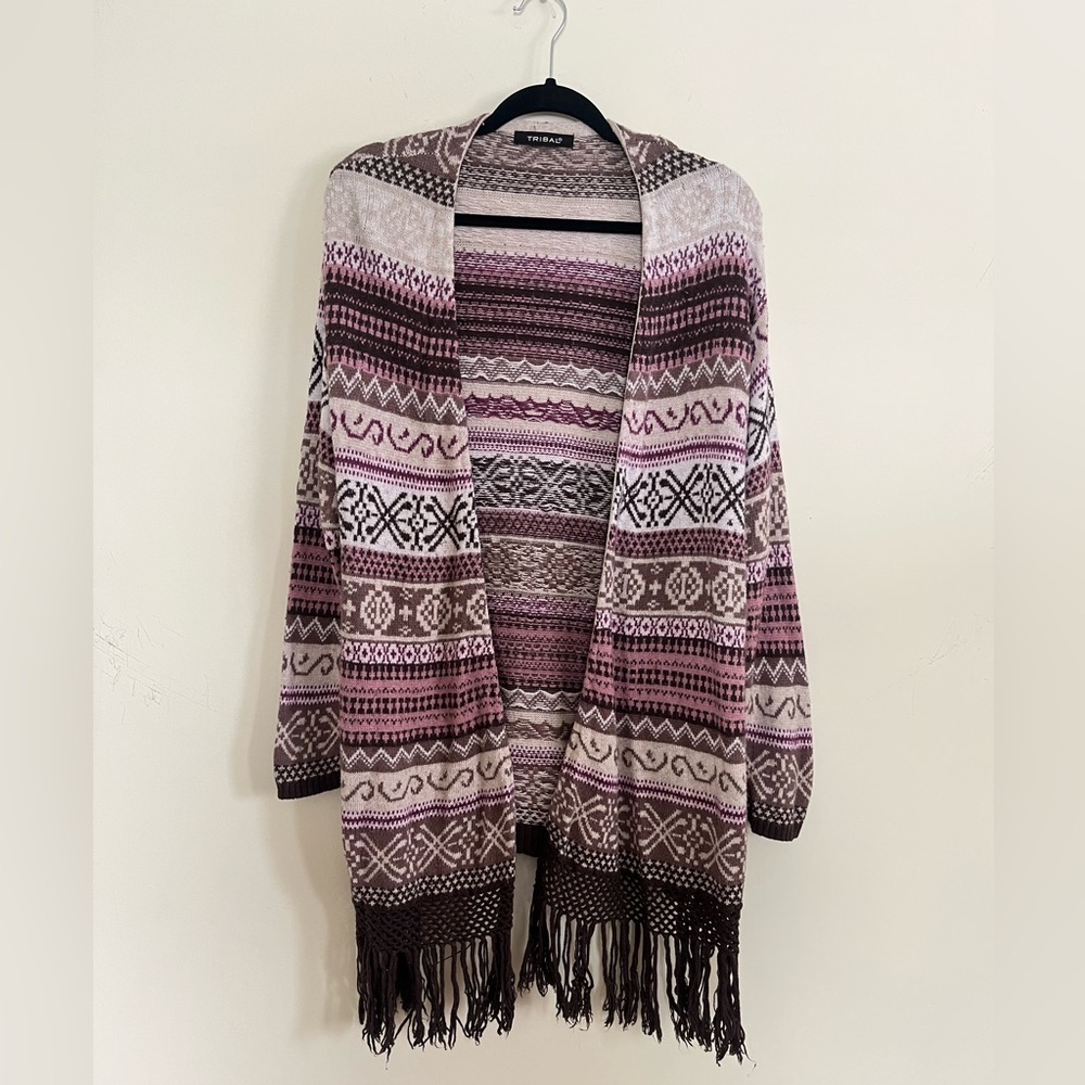 Tribal Womens Fair Isle Geometric Open Front Cardigan Fringe Purple Brown L boho
